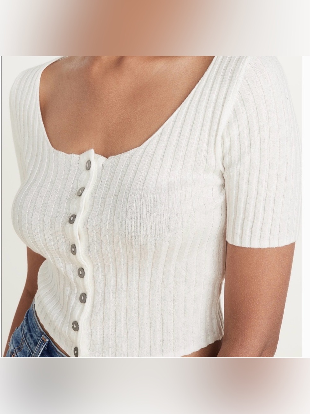 Free People White Ribbed Button-Front Short Sleeve Cardigan